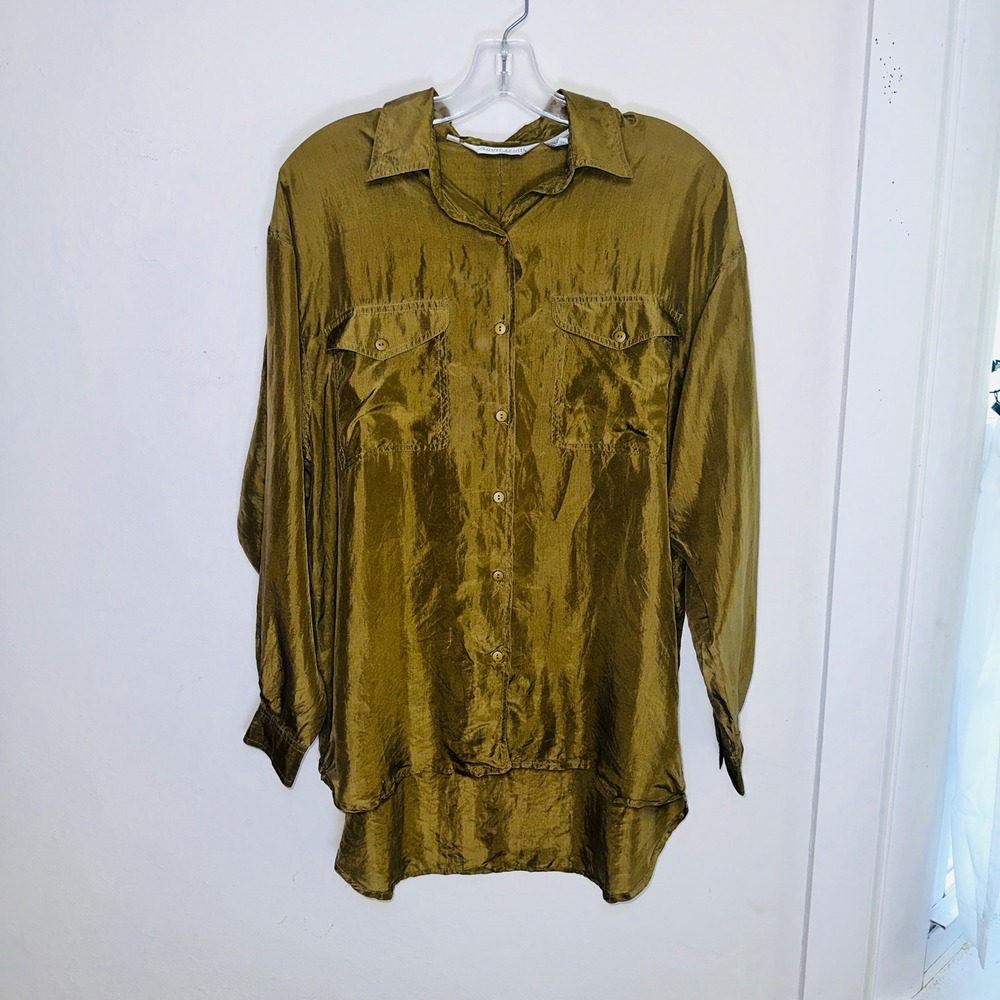 Sunny Leigh 100% Silk Button Down Shirt Olive Gold Long Sleeve Blouse Small